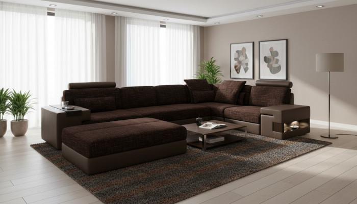 Modern designer corner sofa L-shaped furniture, textiles with stool 2-piece set new