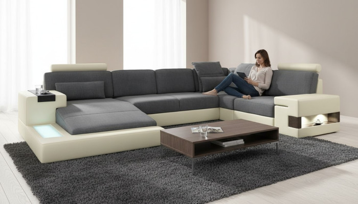 Living room designer couch upholstered leather/fabric seat modern U-shaped corner sofa