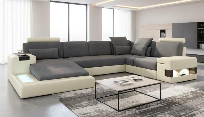 Living room designer couch upholstered leather/fabric seat modern U-shaped corner sofa
