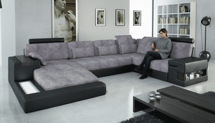 Modern designer luxury textile sofa U-shaped furniture with bed function grey NEW