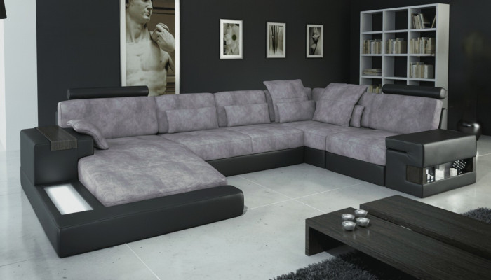 Modern designer luxury textile sofa U-shaped furniture with bed function grey NEW