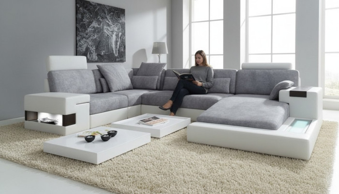 Modern textile sofa U-shape furniture with bed functions storage gray NEW