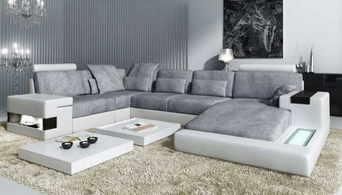Modern textile sofa U-shape furniture with bed functions storage gray NEW