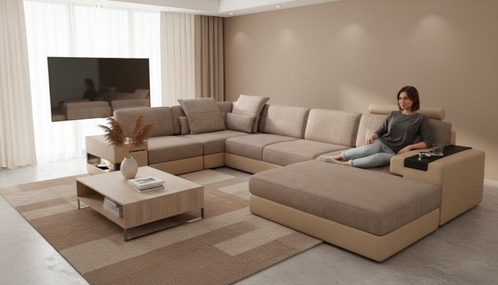 Modern sofa corner set L-shaped upholstered seats couch living landscape stool furniture