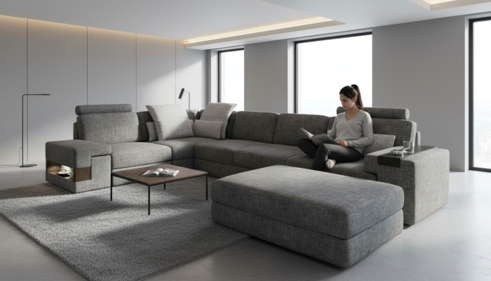 Living room L-shape modern elegant design couch corner sofa stool upholstered furniture NEW