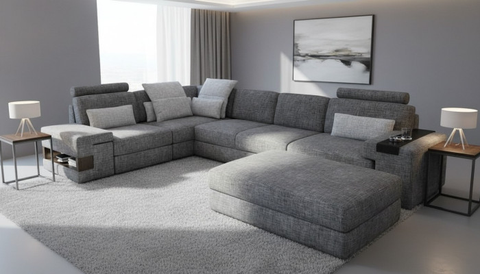 Living room L-shape modern elegant design couch corner sofa stool upholstered furniture NEW