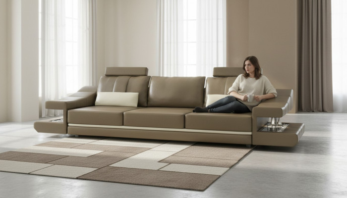 Modern designer luxury sofa, 3-seater furniture, upholstered leather brown, large sofas couches