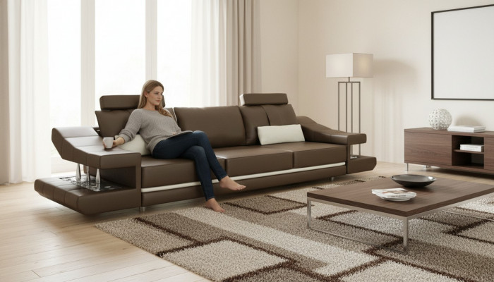 Modern luxury designer sofa, 3-seater furniture, upholstered textile, brown corner couches