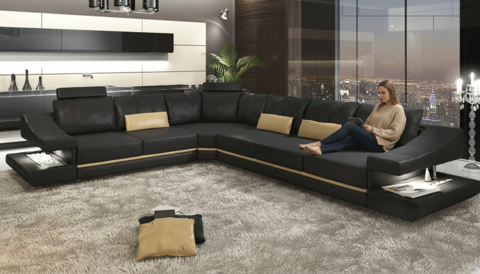Living Room Textile L-Shape Sofas Black NEW Corner Sofa Couch Upholstered Furniture