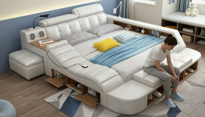 Design Bed XXL Big Beds Leather Upholstery Hotel 180x200cm Multifunction