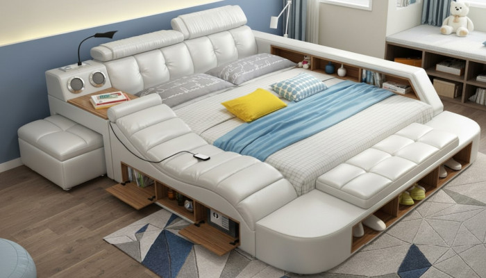 Design Bed XXL Big Beds Leather Upholstery Hotel 180x200cm Multifunction