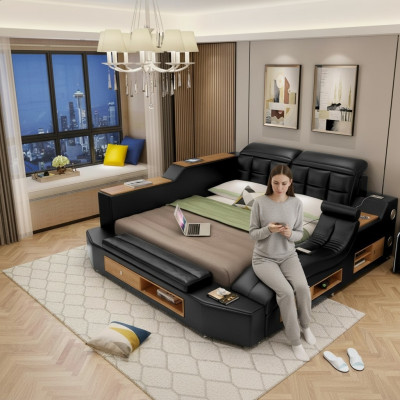 Design leather beds hotel double multifunction bed Bluetooth speakers luxury