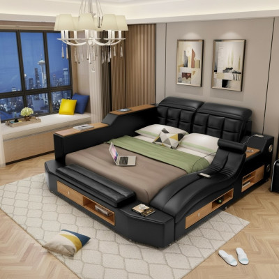 Design leather beds hotel double multifunction bed Bluetooth speakers luxury