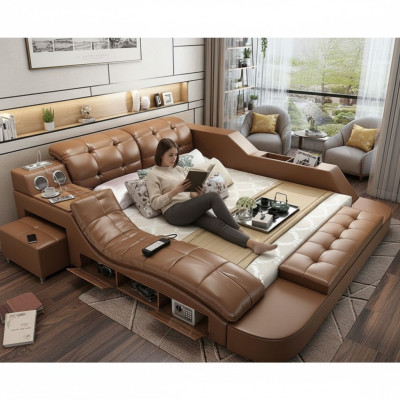 Double luxury leather bed + USB upholstered beds modern hotel multifunction massage