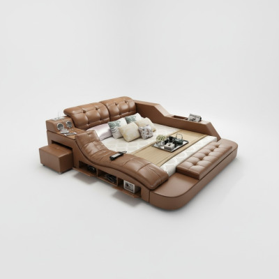 Double luxury leather bed + USB upholstered beds modern hotel multifunction massage