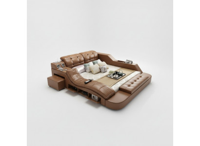 Double luxury leather bed + USB upholstered beds modern hotel multifunction massage
