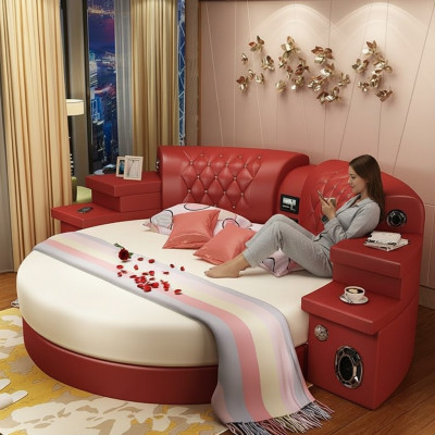 Round bed, round beds, multifunctional, hotel, upholstery, LED, shelf, king size