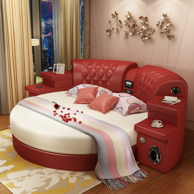 Round bed, round beds, multifunctional, hotel, upholstery, LED, shelf, king size
