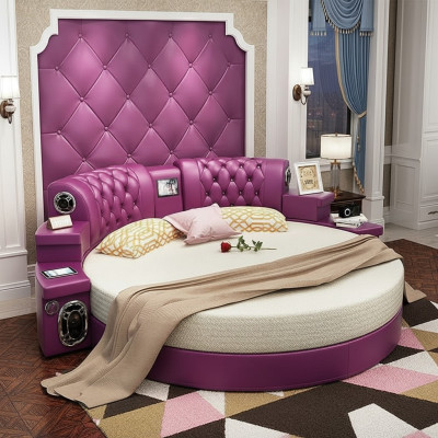 Round king-size bed round beds multifunction hotel upholstery leather shelf
