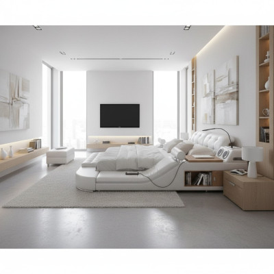Design double luxury leather bed, upholstered beds with USB, multifunctional hotel, new.