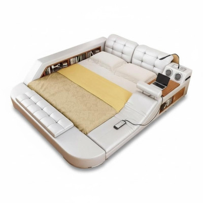 Design double luxury leather bed, upholstered beds with USB, multifunctional hotel, new.