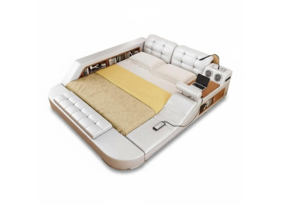 Design double luxury leather bed, upholstered beds with USB, multifunctional hotel, new.