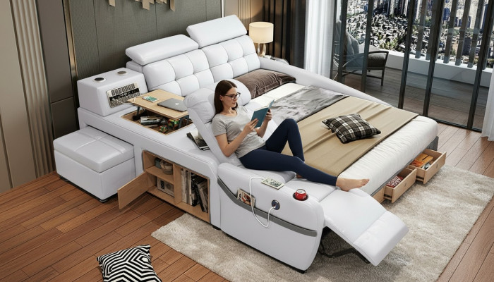Bed Massage Lounger Multifunction Beds Upholstery USB Shelf Leather Upholstery Luxury