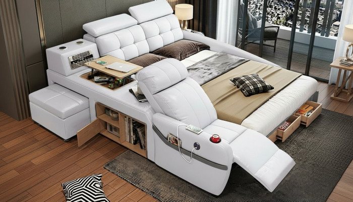 Bed Massage Lounger Multifunction Beds Upholstery USB Shelf Leather Upholstery Luxury