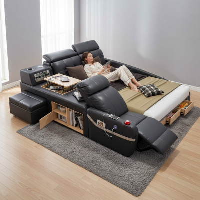 Multifunction Deluxe Beds Massage Function Bed Hotel Upholstered LED USB Radio