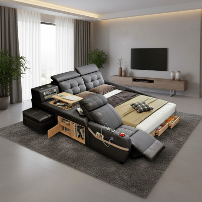 Multifunction Deluxe Beds Massage Function Bed Hotel Upholstered LED USB Radio