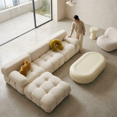 L-shaped sectional sofa, living landscape, relaxing seat design, couch lounge, corner, modern, textile.
