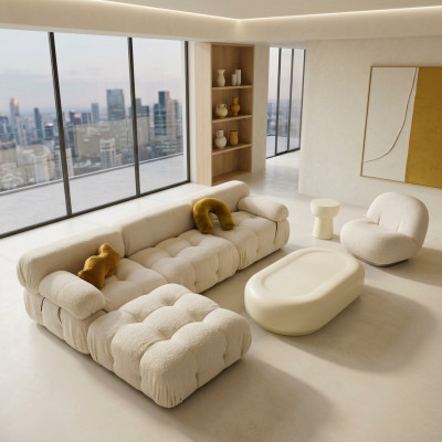 L-shaped sectional sofa, living landscape, relaxing seat design, couch lounge, corner, modern, textile.