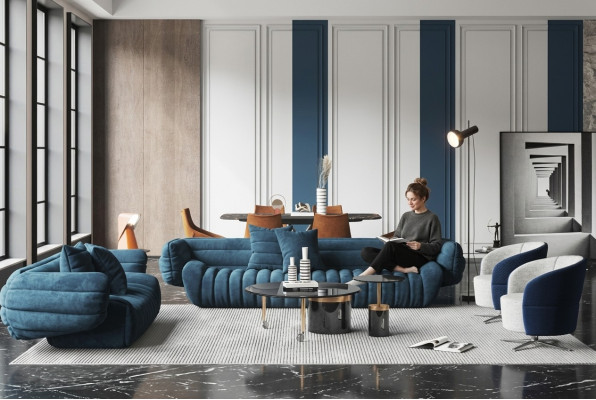 Blue Velvet Sofa Set 3+2 Couch Ensemble Luxurious 2-Piece Living Room Set