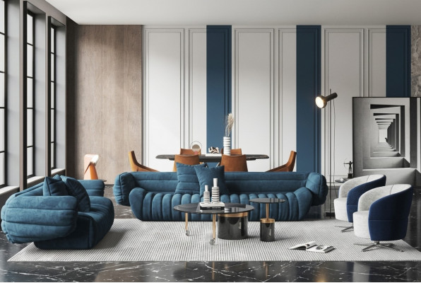 Blue Velvet Sofa Set 3+2 Couch Ensemble Luxurious 2-Piece Living Room Set
