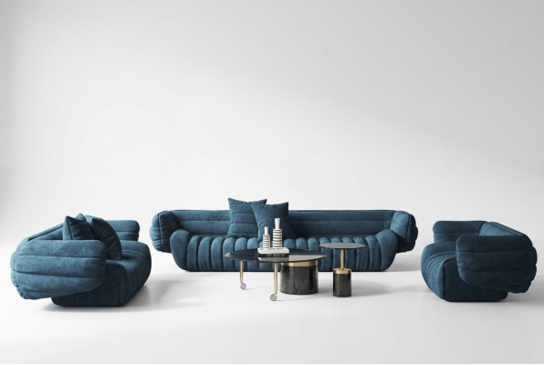 Blue Velvet Sofa Set 3+2 Couch Ensemble Luxurious 2-Piece Living Room Set