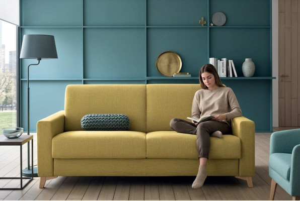 Two-seater designer sofa, 2-seater yellow fabric sofa, sofa bed, Italian furniture