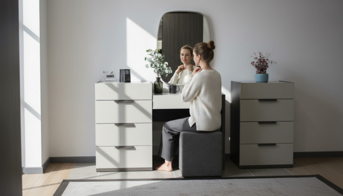 Design vanity table with mirror, luxury bedroom furniture, 3-piece stool set, new.