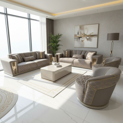 Sofa Set Complete Modern 3+3+1+1 Seater + Coffee Table Textile Couch Wood