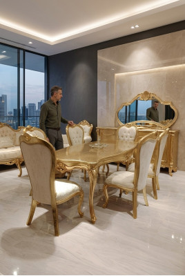 Classic dining table + 6x chairs + sideboard with mirror gold wood dresser new