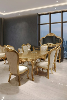Classic dining table + 6x chairs + sideboard with mirror gold wood dresser new
