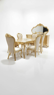 Classic dining table + 6x chairs + sideboard with mirror gold wood dresser new