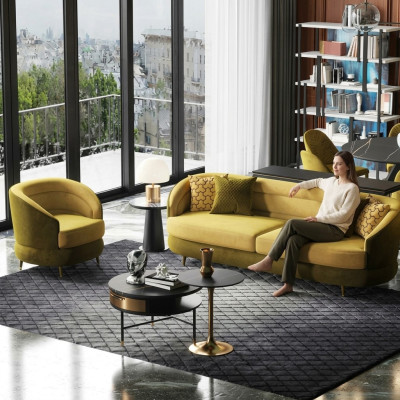 Design Couch Lounge Sofas Velvet Sofa Set 3+1 Seater Sofa Living Landscape Yellow