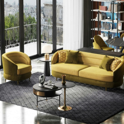 Design Couch Lounge Sofas Velvet Sofa Set 3+1 Seater Sofa Living Landscape Yellow
