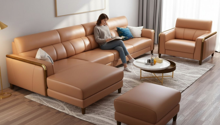 Seat Furniture Living Landscape Luxury Faux Leather Corner Sofa L-shape Upholstered Furniture Set