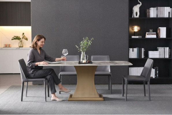 Luxury dining table metal stainless steel tables furniture column table marble style dining tables