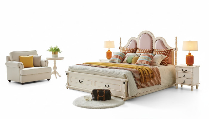 3-piece bedroom set, 2x wooden nightstands, designer bed, luxury classic new