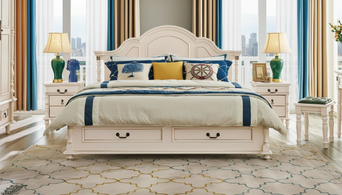 Amazing bedroom set with bed and nightstands in white