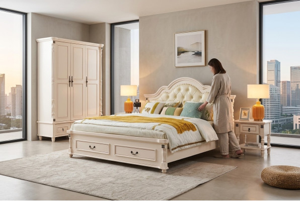 Chesterfield double bed & 2 side tables on turned legs