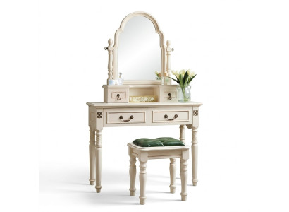 Set: Makeup Table, Vanity Table, Dressing Table with Mirror and Stool, 2-piece Wood.