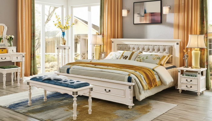 Noble double bed with luxurious wood design and upholstered headboard
